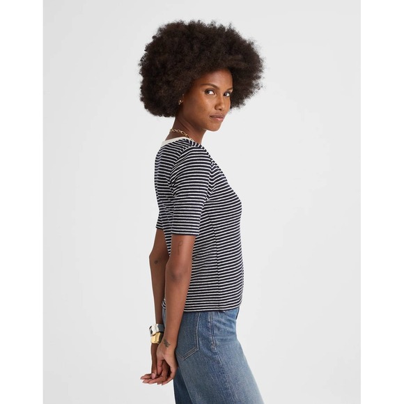 Madewell Striped Elbow-Sleeve Henley Tee Midnight Navy Small NWT - Picture 2 of 10